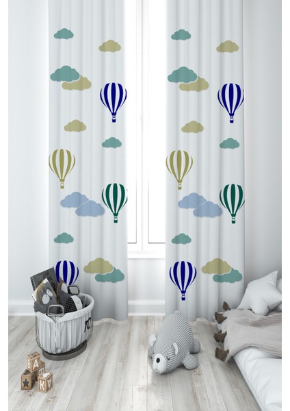Bebek ve Çocuk Odası Renkli Bulut ve Uçan Balon Desenli 2 Kanat Fon Perde