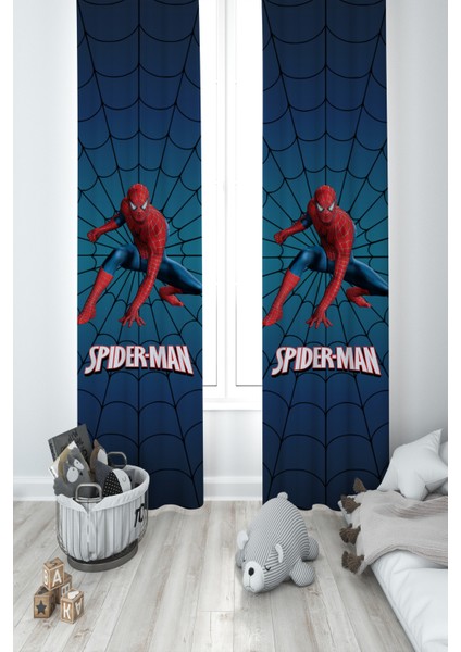 Bebek ve Çocuk Odası Spider Man Desenli Lacivert 2 Kanat Fon Perde