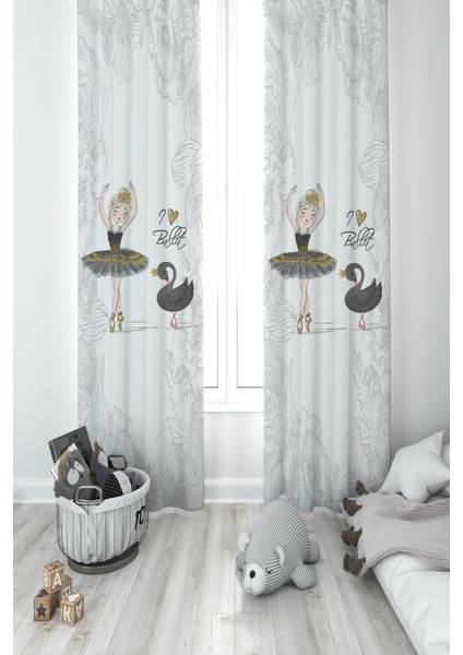 Bebek ve Çocuk Odası Baleri ve Kuğu Desenli Motifli 2 Kanat Fon Perde