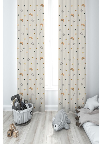 Bebek ve Çocuk Odası Soft Gökkuşağı ve Yol Desenli 2 Kanat Fon Perde