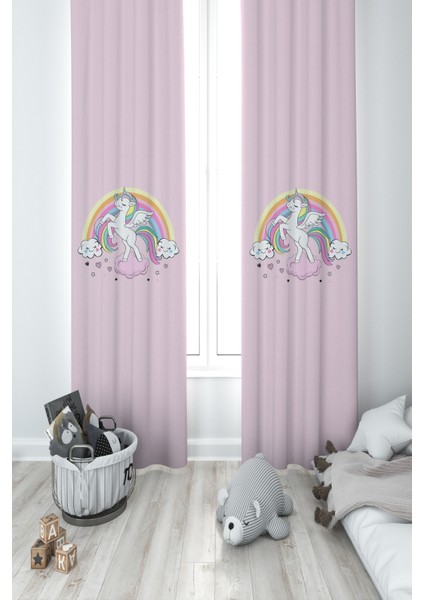 Bebek ve Çocuk Odası Gökuşağı ve Unicorn Desenli Pembe 2 Kanat Fon Perde