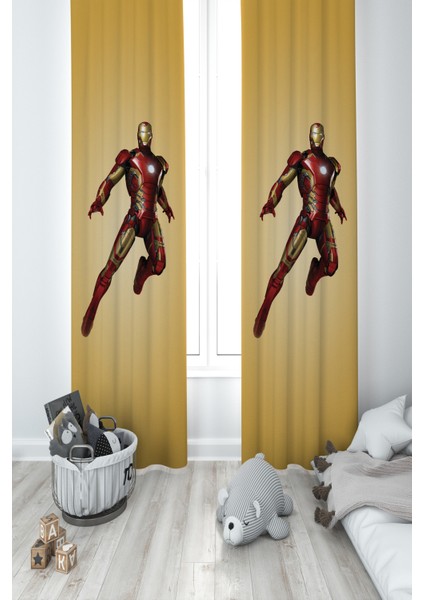 Bebek ve Çocuk Odası Iron Man Desenli 2 Kanat Fon Perde