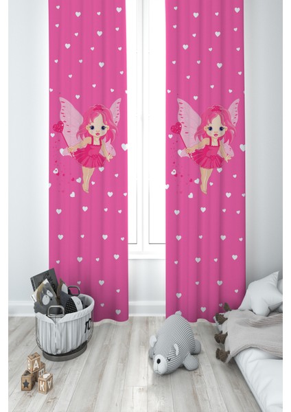 Bebek ve Çocuk Odası Peri Kız ve Kalp Desenli 2 Kanat Fon Perde
