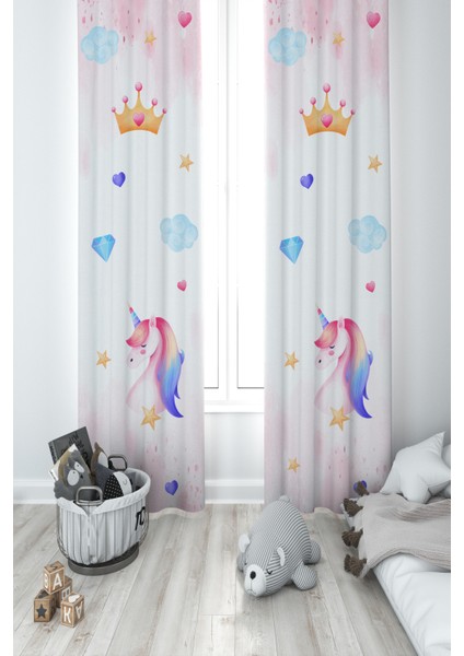 Bebek ve Çocuk Odası Unicorn ve Elmas Desenli 2 Kanat Fon Perde