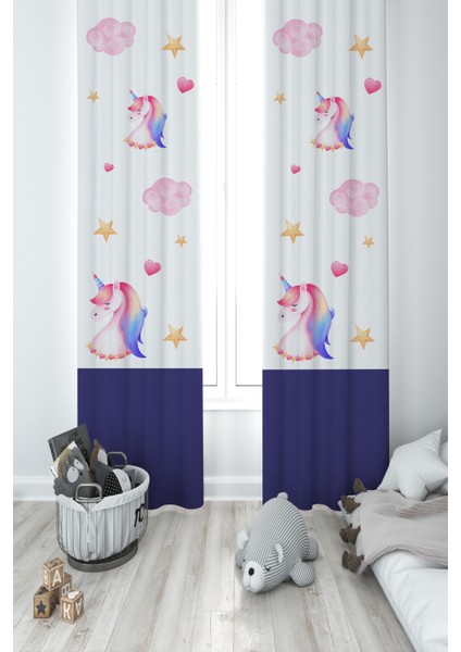 Bebek ve Çocuk Odası Unicorn ve Seksek Desenli Lacivert 2 Kanat Fon Perde