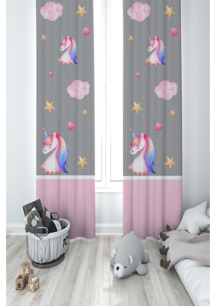 Bebek ve Çocuk Odası Unicorn ve Seksek Desenli 2 Kanat Fon Perde