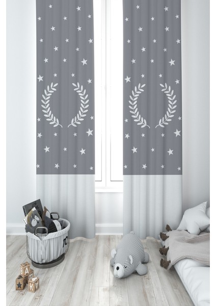 Bebek ve Çocuk Odası Çelenk Yıldız Desenli Çerçeveli Gri 2 Kanat Fon Perde