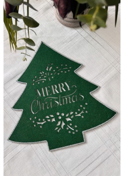 1 Adet Yeşil Keçe Ağaç Şeklinde "merry Christmas" Yazılı Simli Noel Suplası & Amerikan Servisi 35 cm