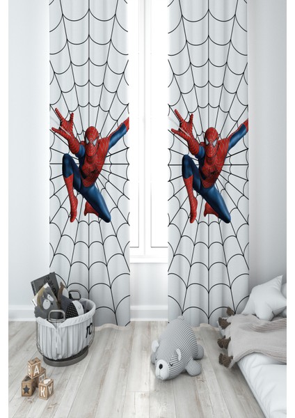 Bebek ve Çocuk Odası Ağ ve Spiderman Desenli 2 Kanat Fon Perde