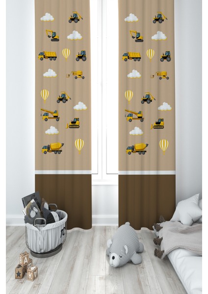 Bebek ve Çocuk Odası Iş Makinalı Kahverengi Yol Desenli 2 Kanat Fon Perde