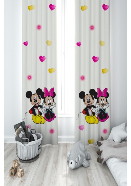 Bebek ve Çocuk Odası Mickey ve Minnie Mause Desenli 2 Kanat Fon Perde