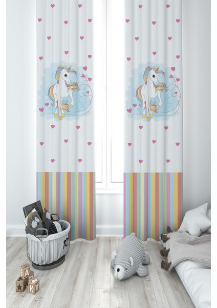 Bebek ve Çocuk Odası Kalpli Unicorn Desenli 2 Kanat Fon Perde