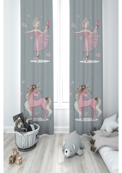 Bebek ve Çocuk Odası Pembe Unicorn ve Kız Desenli 2 Kanat Fon Perde