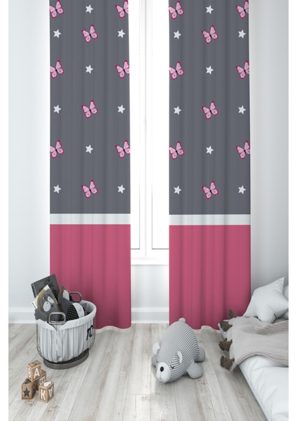 Bebek ve Çocuk Odası Seksek Desenli Çerçeveli 2 Kanat Fon Perde