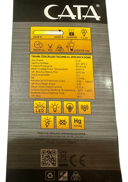 CT-4259 12W 6400K (Beyaz Işık) Sensörlü E27 Duylu LED Ampul (8 Adet)