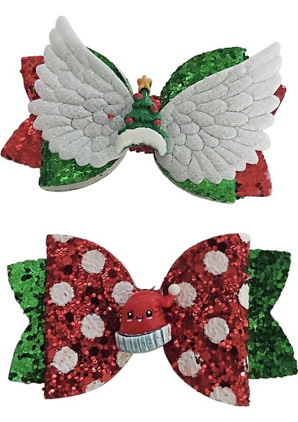 Yılbaşı Christmas Şapka Temalı Simli Kırmızı Pens Kız Çocuk Tokası 2'li Paket