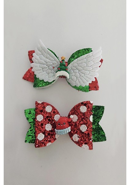 Yılbaşı Christmas Şapka Temalı Simli Kırmızı Pens Kız Çocuk Tokası 2'li Paket