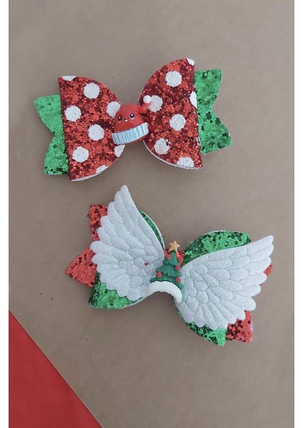 Yılbaşı Christmas Şapka Temalı Simli Kırmızı Pens Kız Çocuk Tokası 2'li Paket