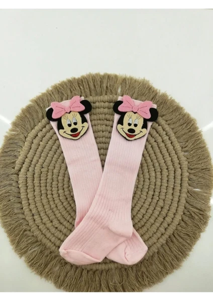 Eses Bebe Minnie Mouse Figürlü Keçe Süslü Kız Bebek Diz Altı Çorap 0-3