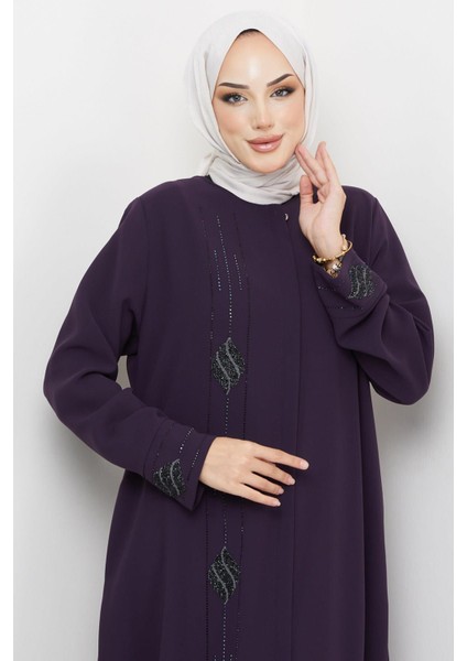 Damla Taşlı Büyük Beden Ferace Mürdüm HM2302