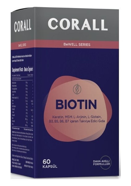 Biotin 60 Kapsül (Keratin, Vitamin B3, B5, B6, B7 Içeren Takviye Edici Gıda