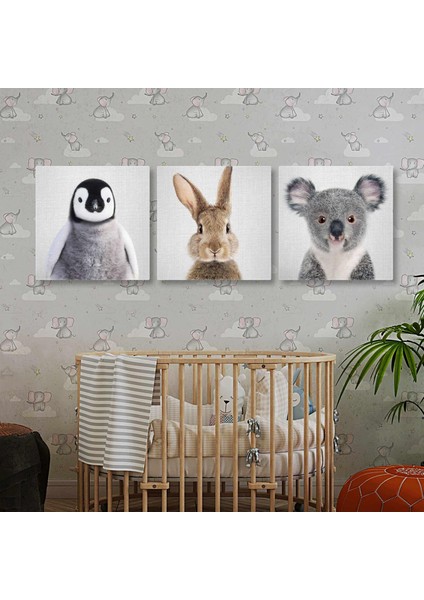 Şirin Penguen Tavşan ve Koala Çocuk Odası Üçlü Kombin 3lü Set Kanvas Tablo