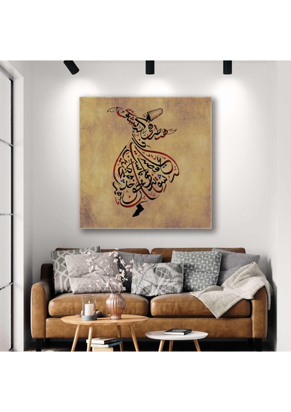 Hat Yazılı Raks Eden Semazen Meslevi Kare Kanvas Tablo