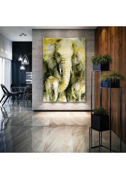 Yeşil Tonlarında Fil Ailesi Yavru Filler Doğa Hayvan Dekor Dikey Kanvas Tablo