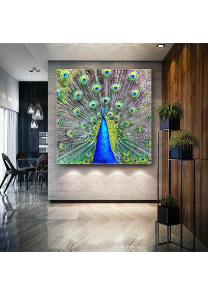 Kanatlarını Açmış Mavi Tüylü Tavus Kuşu Kare Kanvas Tablo