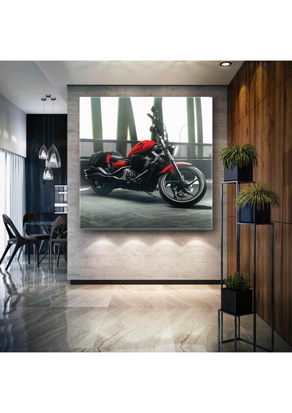 Kırmızı Motorsiklet Chopper Motorcycle Kare Kanvas Tablo