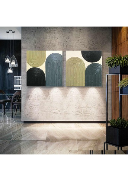 Siyah Mavi ve Yeşil Boya Izleri Plaster Art Görünümlü Ikili Kombin 2li Kanvas Tablo