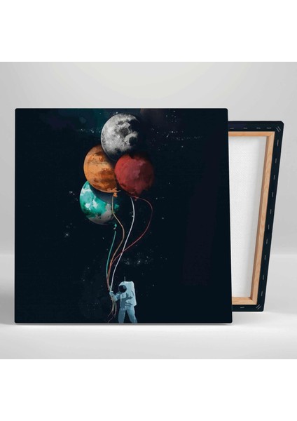 Elindeki Iple Gezegenleri Tutan Astronot Balon Gezegenler Kare Kanvas Tablo