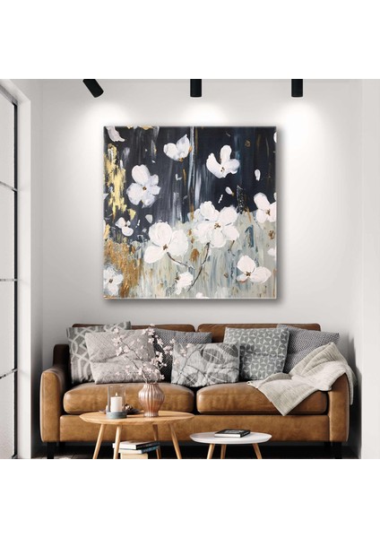 Yağlı Boya Efektli Beyaz Çiçek Gold Dekor Altın Fırça Darbeleri Kare Kanvas Tablo