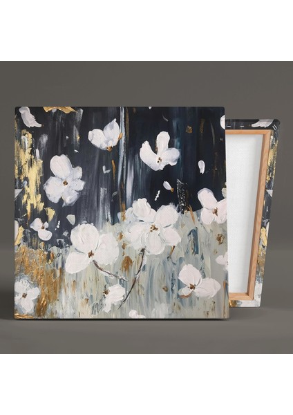 Yağlı Boya Efektli Beyaz Çiçek Gold Dekor Altın Fırça Darbeleri Kare Kanvas Tablo fiyatları