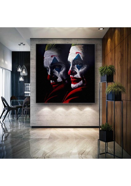 Kırmızı Ceketli Yeşil Saçlı Joker ve Yansıması Ilüstrasyon Gotham City Kare Kanvas Tablo