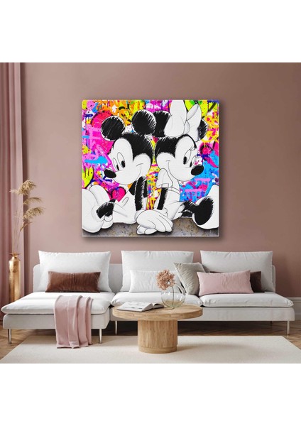 Minnie And Mickey Heart Miki ve Mini Fare Love Kalp Dekor Kare Kanvas Tablo