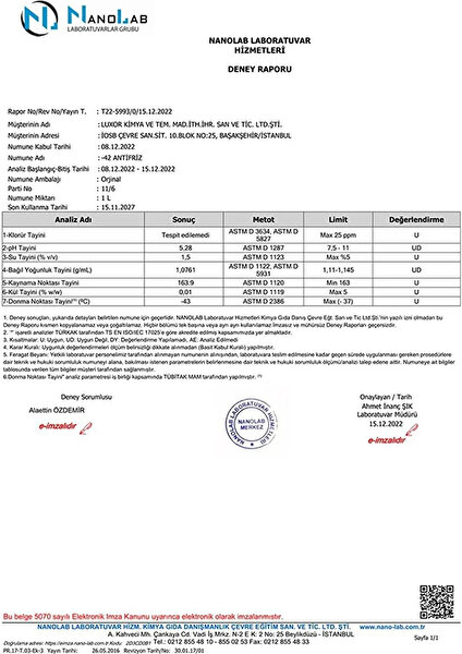 Luxor Kimya -42 Güneş Enerjisi Antifrizi 4 Mevsim 3 Lt