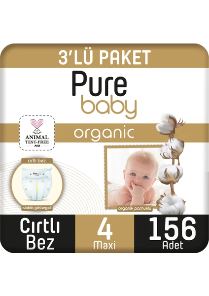 Baby Organik Pamuklu Cırtlı Bez 3'lü Paket 4 Numara Maxi 156 Adet