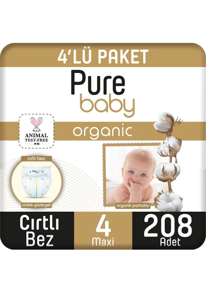 Baby Organik Pamuklu Cırtlı Bez 4'lü Paket 4 Numara Maxi 208 Adet