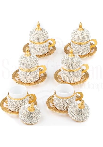 Swarovski Taşlı Kahve Fincanı Takımı 6'lı Sarmaşık Altın