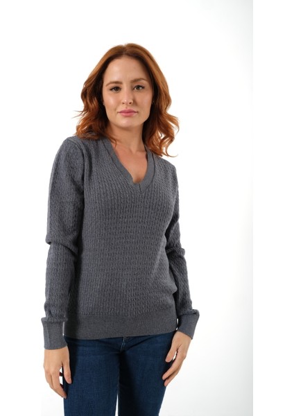 Kadın Ink %100 Organik Pamuk V Yaka Saç Örgülü Triko Kazak Örme Bluz TRIST-6155