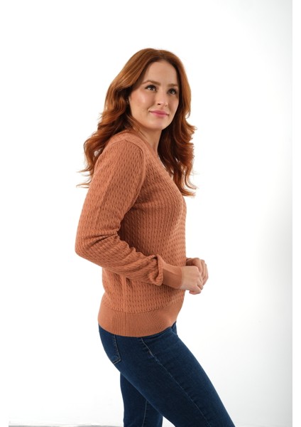 Kadın Kiremit %100 Organik Pamuk V Yaka Saç Örgülü Triko Kazak Örme Bluz TRIST-6155 fiyatları