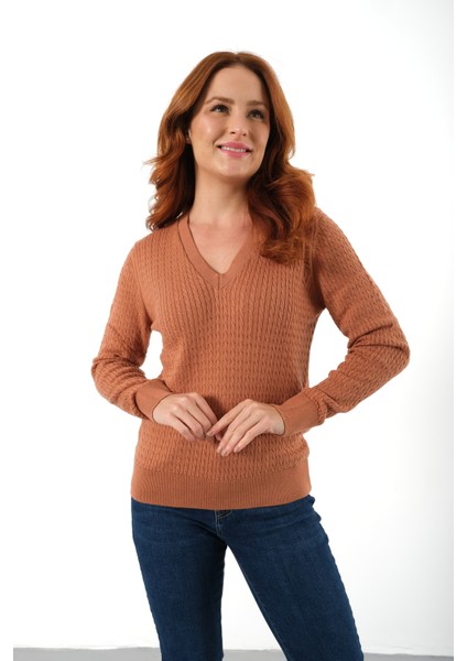 Kadın Kiremit %100 Organik Pamuk V Yaka Saç Örgülü Triko Kazak Örme Bluz TRIST-6155 fırsatları