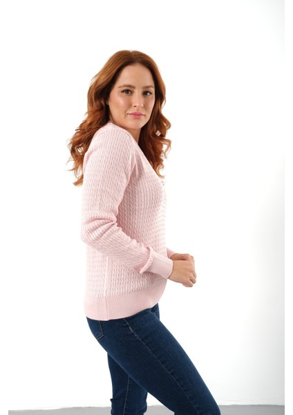 Kadın Pembe %100 Organik Pamuk V Yaka Saç Örgülü Triko Kazak Örme Bluz TRIST-6155 fiyatları