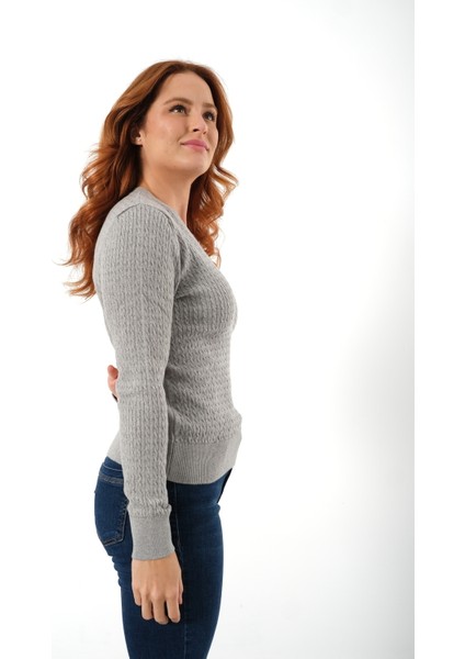 Kadın Gri %100 Organik Pamuk V Yaka Saç Örgülü Triko Kazak Örme Bluz TRIST-6155 modelleri
