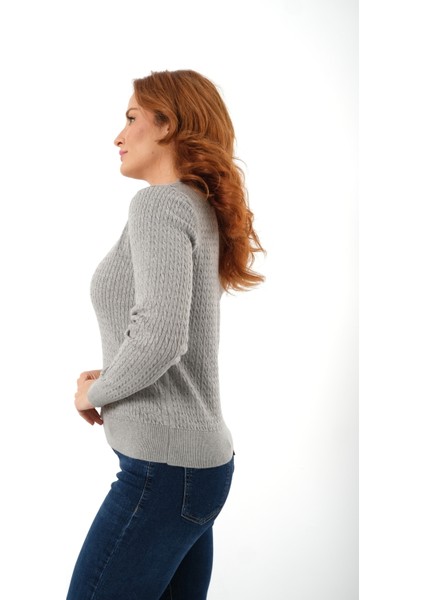 Kadın Gri %100 Organik Pamuk V Yaka Saç Örgülü Triko Kazak Örme Bluz TRIST-6155 indirimleri