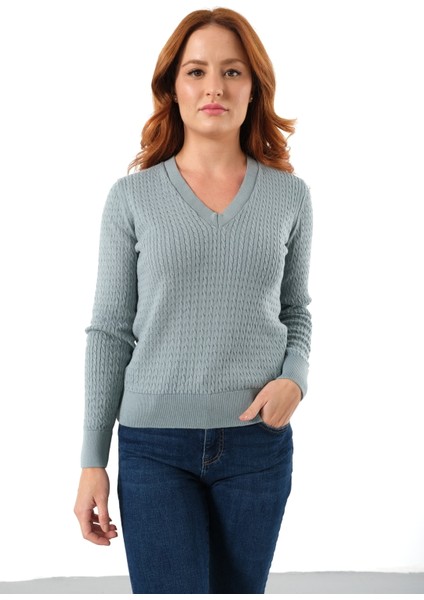 Kadın Petrol %100 Organik Pamuk V Yaka Saç Örgülü Triko Kazak Örme Bluz TRIST-6155