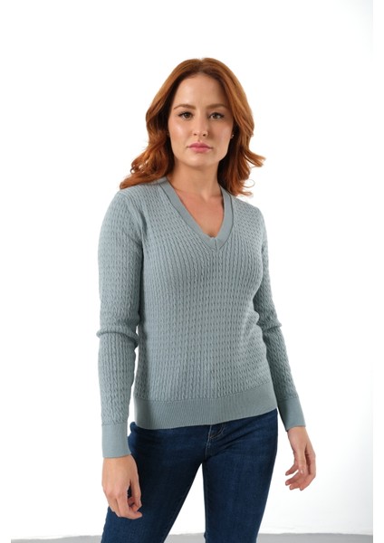 Kadın Petrol %100 Organik Pamuk V Yaka Saç Örgülü Triko Kazak Örme Bluz TRIST-6155 fiyatları