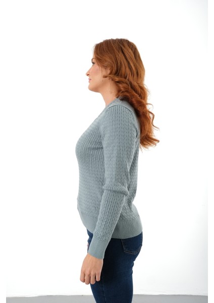 Kadın Petrol %100 Organik Pamuk V Yaka Saç Örgülü Triko Kazak Örme Bluz TRIST-6155 modelleri