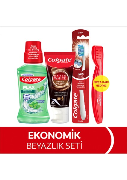 Optic White Kahve, Çay Kullanıcıları Diş Macunu 50 ml, Visible White Orta Diş Fırçası, Plax Ağız Bakım Suyu 250 ml + Fırça Kabı Hediye